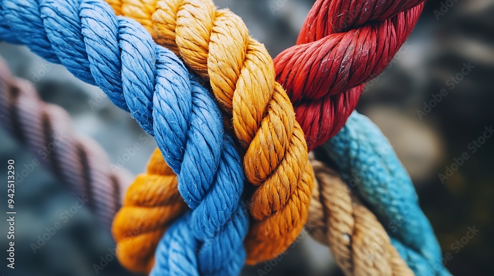 A close-up view of colorful ropes intertwined. A close-up view of colorful ropes intertwined.