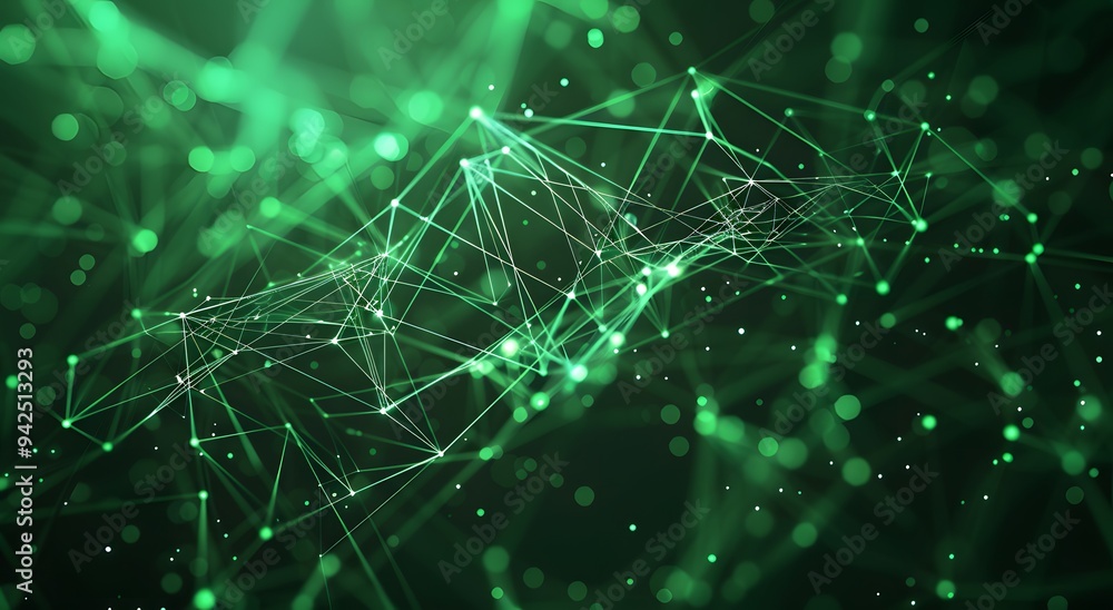 Abstract green background with glowing dots and lines in the form of an intricate network or web, symbolizing technology, communication, data transfer, Abstract green background with glowing dots and lines in the form of an intricate network or web, symbolizing technology, communication, data transfer,