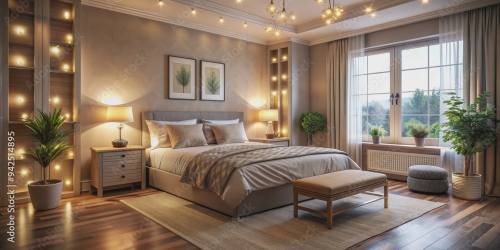 Fototapeta premium Cozy bedroom interior with soft lighting and comfortable bedding, bedroom, interior, cozy, comfortable, tranquil, relaxation
