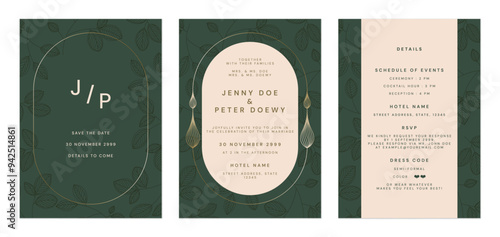 Wedding invitation template set, minimal elegant leaves in green and gold tones