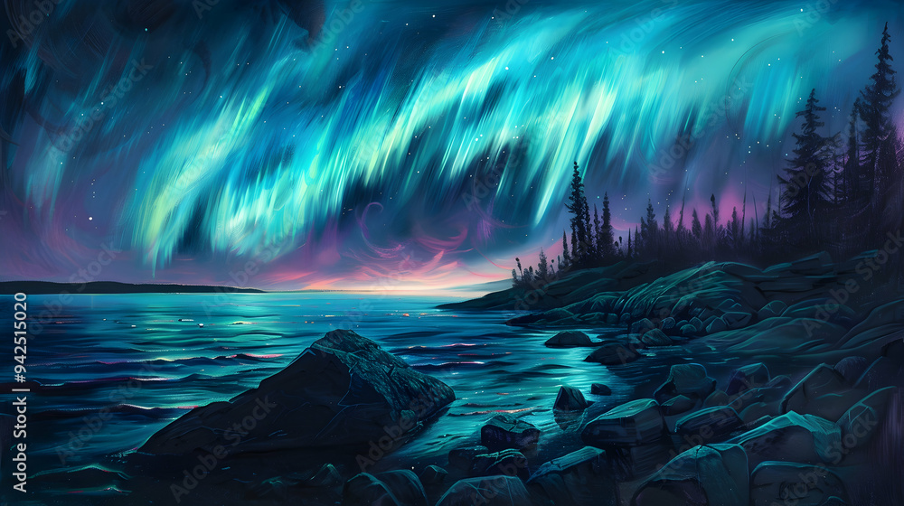 Scenic landscape of aurora over rocky seashore Scenic landscape of aurora over rocky seashore