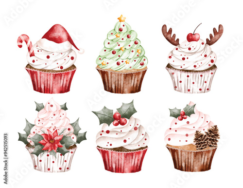 Watercolor Illustration Set of Christmas Cupcakes