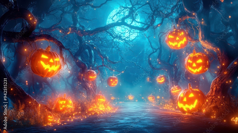 A misty, blue-toned forest with glowing jack-o'-lanterns scattered along a dark path, leading to a distant, eerie building, creating a mysterious Halloween atmosphere. A misty, blue-toned forest with glowing jack-o'-lanterns scattered along a dark path, leading to a distant, eerie building, creating a mysterious Halloween atmosphere.