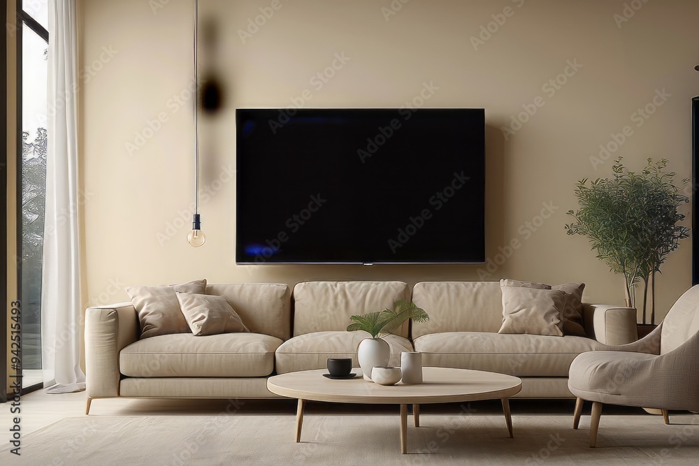 Modern living room interior with a beige sofa, armchair, and coffee table Modern living room interior with a beige sofa, armchair, and coffee table