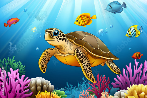 turtle with group of colorful fish and sea animal with colorful coral under sea water, vector photo