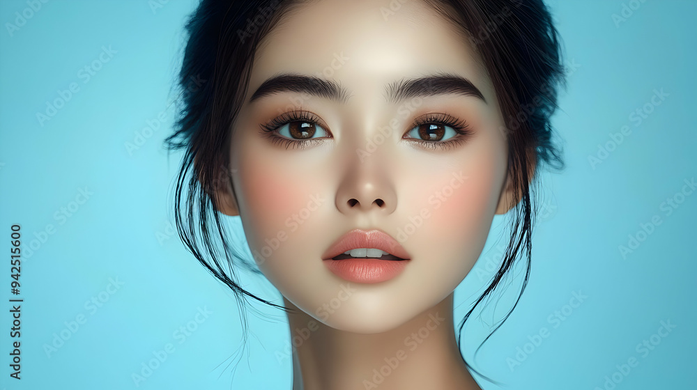 Fototapeta premium Close-up portrait of a beautiful young woman with perfect skin and makeup looking directly at the camera.
