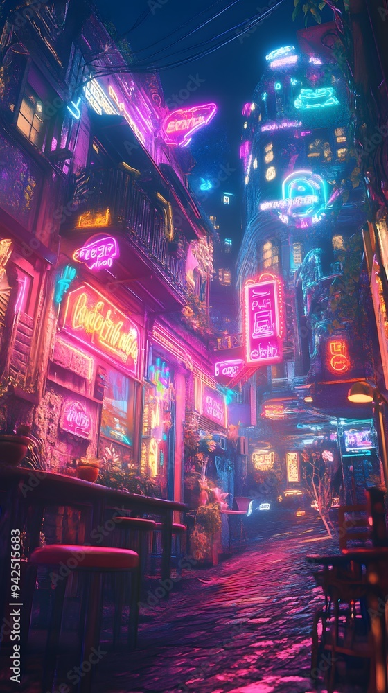 Obraz premium Neon-lit Alleyway in a Futuristic City at Night
