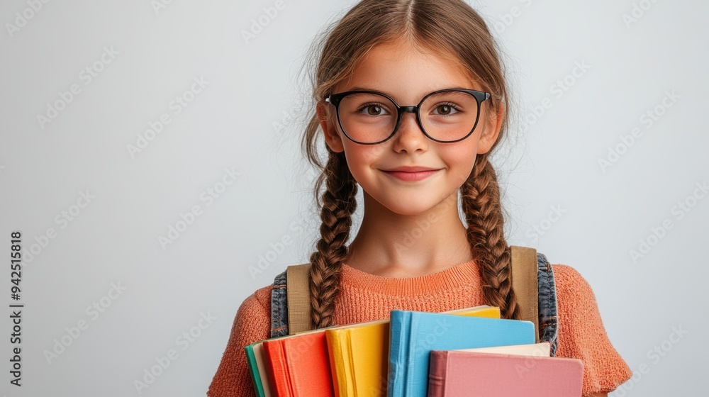 Smiling girl with braids and glasses holding colorful books, ready for school against a light gray background. Education, positivity, youth.