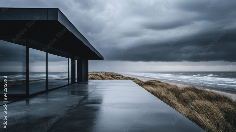 Modern minimalist house by the sea with a stormy sky in the background, emphasizing contrast between nature and architecture. Coastal, contemporary. Modern minimalist house by the sea with a stormy sky in the background, emphasizing contrast between nature and architecture. Coastal, contemporary.