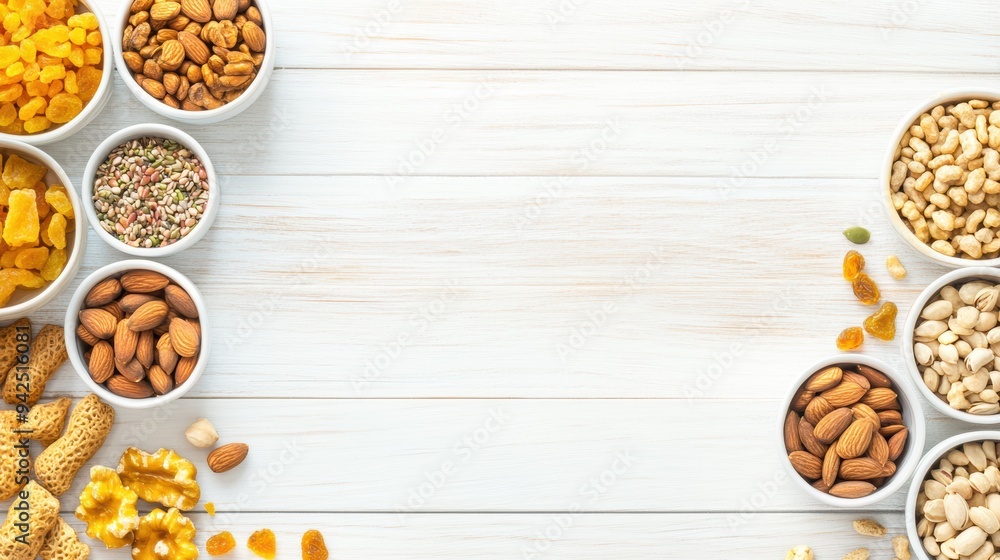 Variety of nuts, seeds, and dried fruits in small white bowls arranged on a light wooden background, perfect for healthy snacking. Nutrition, energy. Variety of nuts, seeds, and dried fruits in small white bowls arranged on a light wooden background, perfect for healthy snacking. Nutrition, energy.