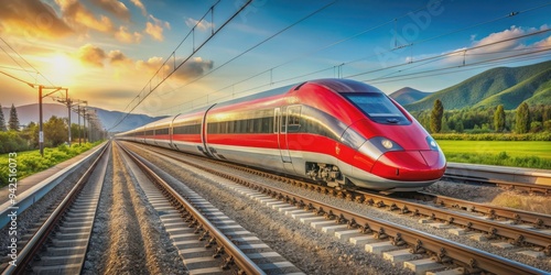 High-speed Frecciarossa Trenitalia train traveling on railway track in Italy, Frecciarossa, Trenitalia, Italy, train