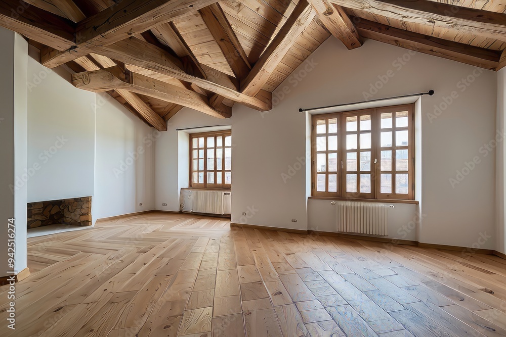 Empty Room with Wooden Beams, Windows, and Hardwood Flooring Empty Room with Wooden Beams, Windows, and Hardwood Flooring