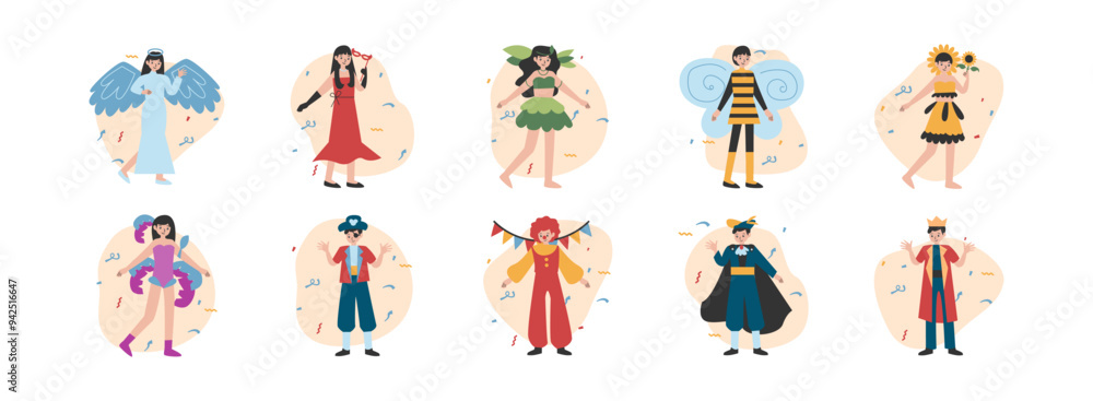 Carnival Character flat illustration set. Include of festival, holiday, mask, and costume. Vector illustration isolated transparent background Carnival Character flat illustration set. Include of festival, holiday, mask, and costume. Vector illustration isolated transparent background