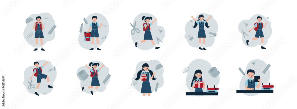 Fototapeta premium Children Back To School flat illustration set. Include of education, kid, study, person, and backpack. Vector illustration isolated transparent background