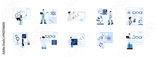Bioinformatics Analyst flat illustration set. Include of dna, research, molecular, innovation, genome, and genetic. Vector illustration isolated transparent background
