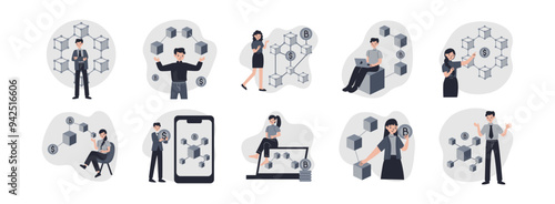 Blockchain Character flat illustration set. Include of network, technology, digital, business, finance, and encryption. Vector illustration isolated transparent background