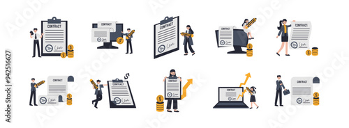 Business Contract flat illustration set. Include of contract, business, agreement, hand, and collaboration. Vector illustration isolated transparent background