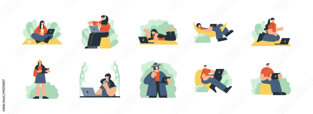 Fototapeta premium Digital Nomad Lifestyle flat illustration set. Include of laptop, travel, business, computer, internet, and digital nomad. Vector illustration isolated transparent background