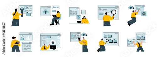 Digital Engineering flat illustration set. Include of technology, digital, engineering, data, and system. Vector illustration isolated transparent background