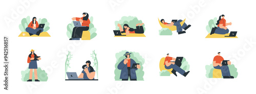 Digital Nomad Lifestyle flat illustration set. Include of laptop, travel, business, computer, internet, and digital nomad. Vector illustration isolated transparent background