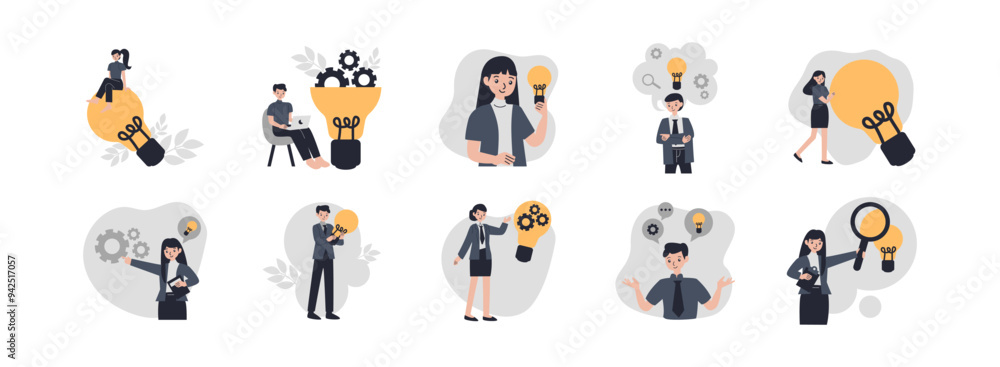 Idea Character flat illustration set. Include of solution, creative, bulb, think, and imagination. Vector illustration isolated transparent background Idea Character flat illustration set. Include of solution, creative, bulb, think, and imagination. Vector illustration isolated transparent background