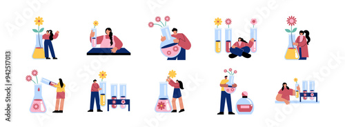 Fragrant Chemist flat illustration set. Include of laboratory, fragrance, chemist, chemistry, and scientist. Vector illustration isolated transparent background
