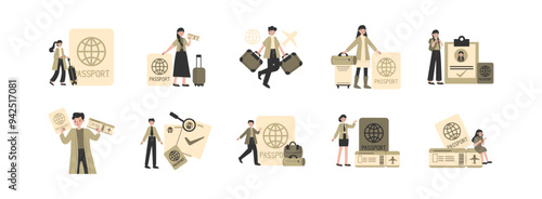 Immigration Character flat illustration set. Include of migration, travel, passport, international, and refugee. Vector illustration isolated transparent background