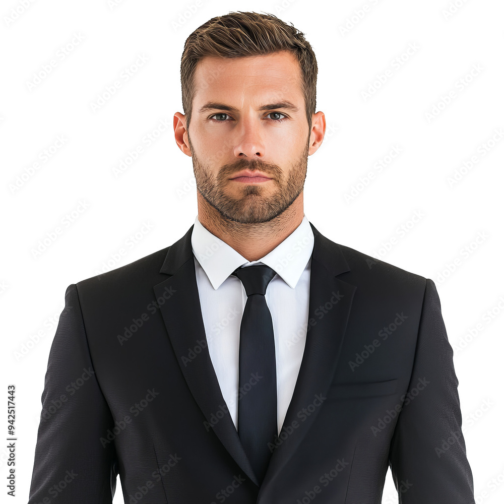 A young man in a black suit and tie looks directly at the camera with a ...