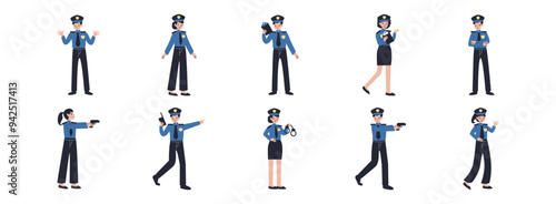Police Character flat illustration set. Include of police, patrol, policeman, security, and sheriff. Vector illustration isolated transparent background