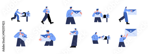 Postman flat illustration set. Include of postman, courier, delivery, service, and postal. Vector illustration isolated transparent background