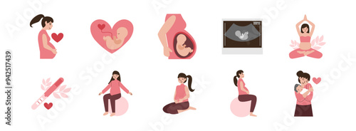 Pregnancy flat illustration set. Include of pregnancy, woman, baby, mother, and prenatal. Vector illustration isolated transparent background