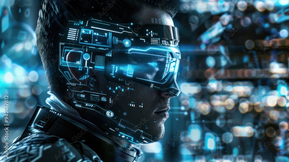 Fototapeta premium Futuristic cyborg with glowing HUD display.