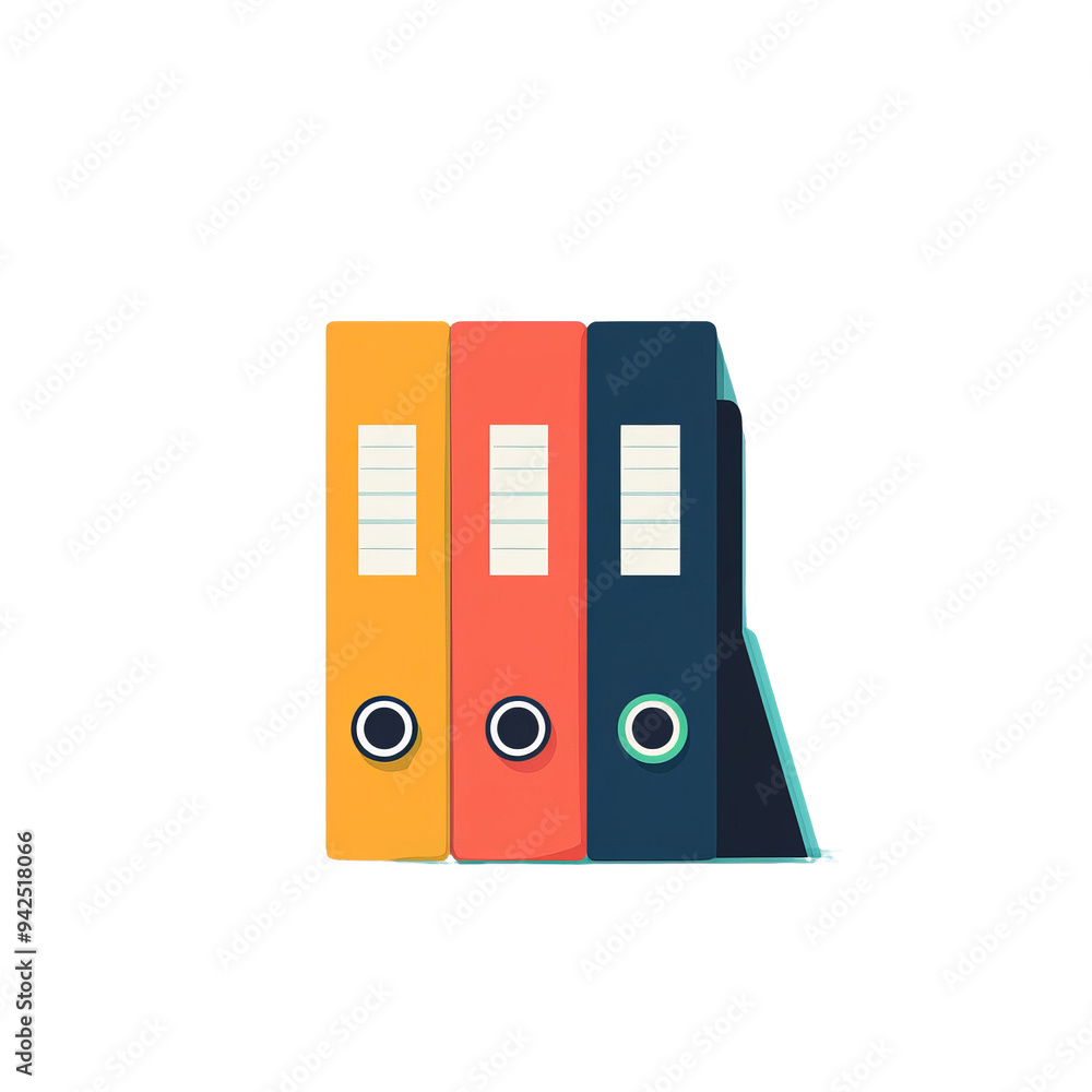 Three colorful binders, yellow, red, and blue, stand side by side, representing organization and efficiency. Three colorful binders, yellow, red, and blue, stand side by side, representing organization and efficiency.