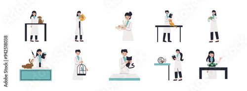 Veterinarian Character flat illustration set. Include of doctor, veterinarian, care, and clinic. Vector illustration isolated transparent background