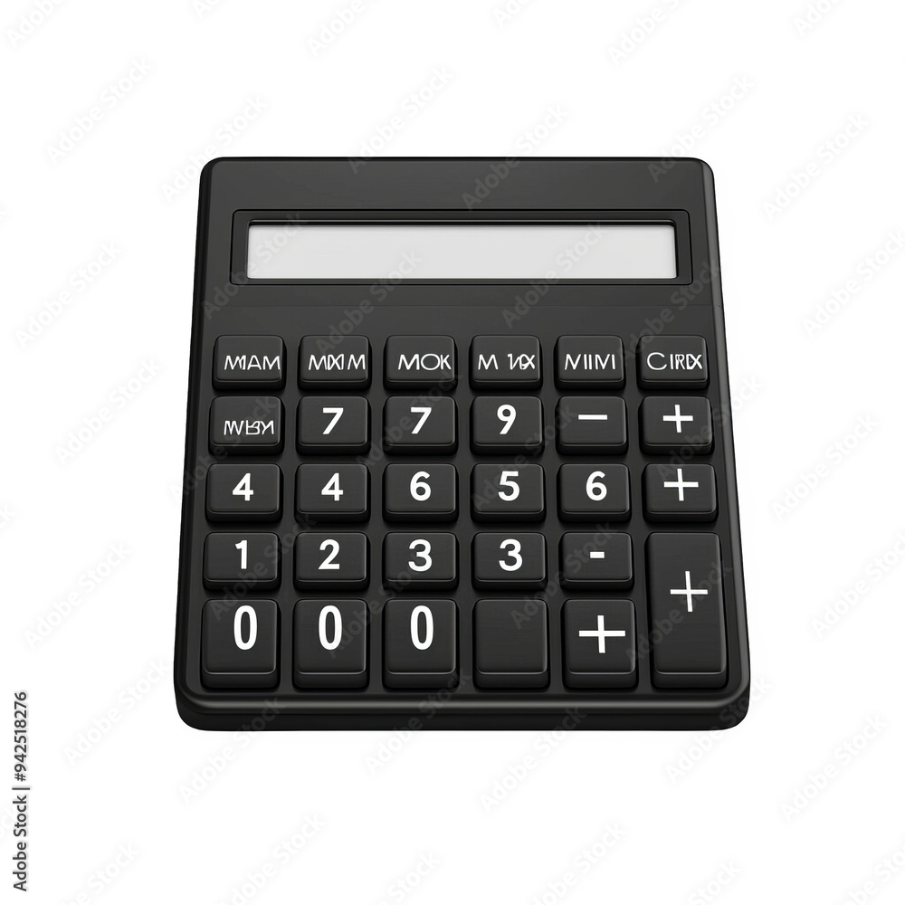 A black calculator with a white display and black buttons. The calculator is isolated on a white background. A black calculator with a white display and black buttons. The calculator is isolated on a white background.