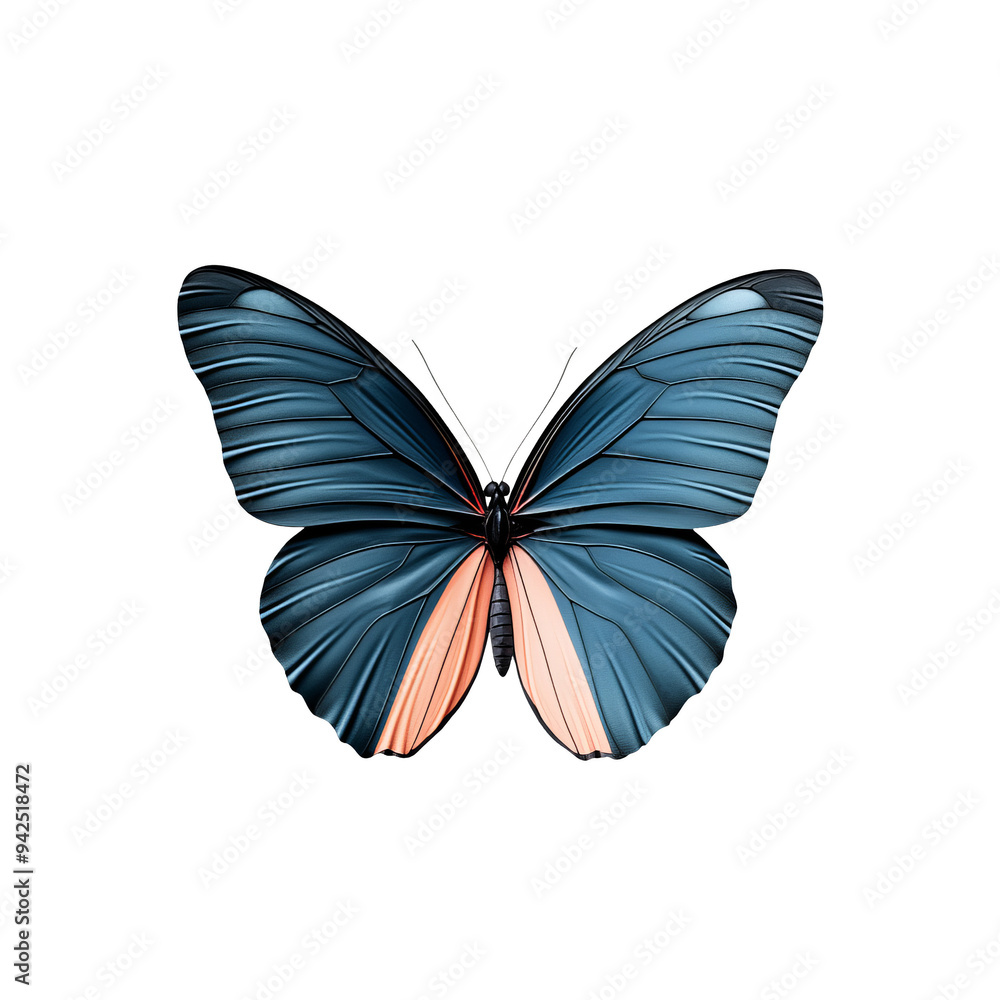 A close-up of a blue and pink butterfly with its wings spread wide, isolated on a black background. A close-up of a blue and pink butterfly with its wings spread wide, isolated on a black background.