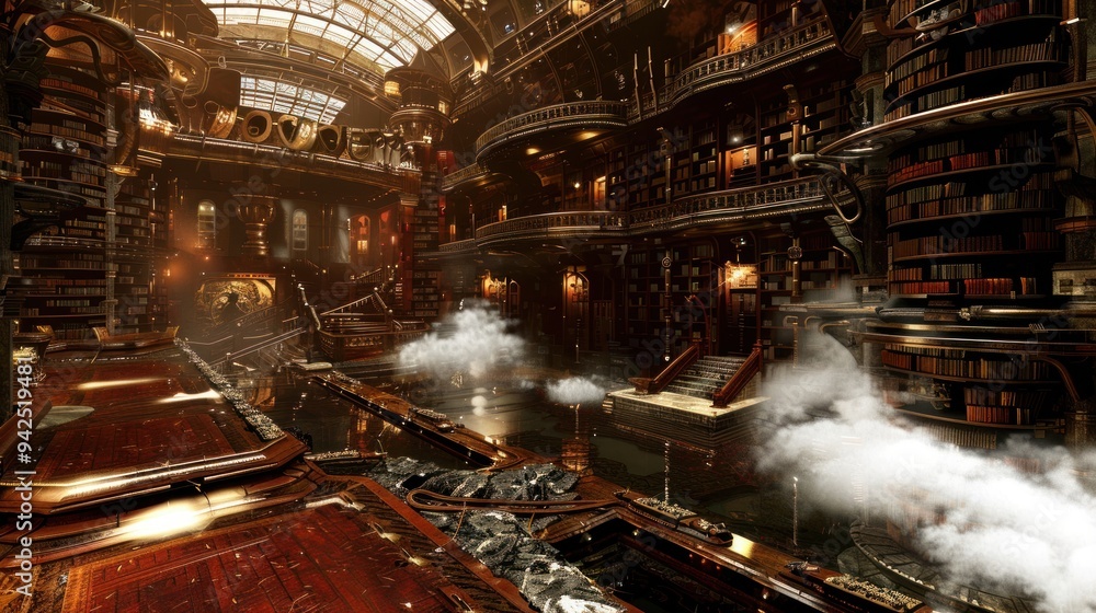 Steampunk Library Interior with Fog. Steampunk Library Interior with Fog.