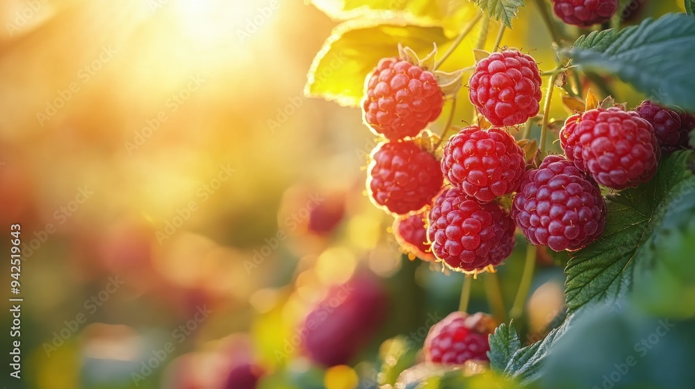 Raspberries on the bush, close-up, sun shining through leaves, blurred background of garden with green plants and flowers, focus on juicy berries Raspberries on the bush, close-up, sun shining through leaves, blurred background of garden with green plants and flowers, focus on juicy berries