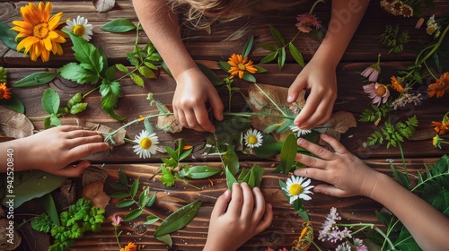 Parents and child creating a nature craft with leaves and flowers in summer minimal