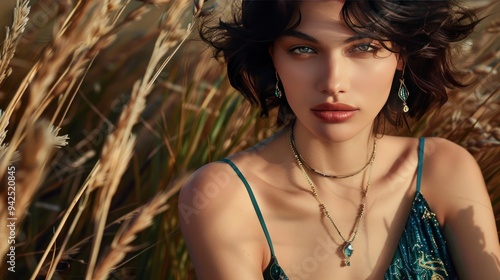 Beautiful woman with emerald jewelry in a field of golden grass.