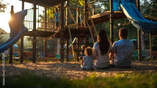 Mom and dad watching their child play on a summer playground minimal