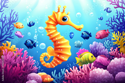 seahorse with group of colorful fish and sea animal with colorful coral under sea water, vector