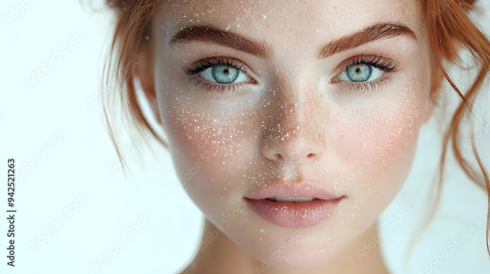 Close-up portrait of a woman with freckles and glitter on her face. Close-up portrait of a woman with freckles and glitter on her face.