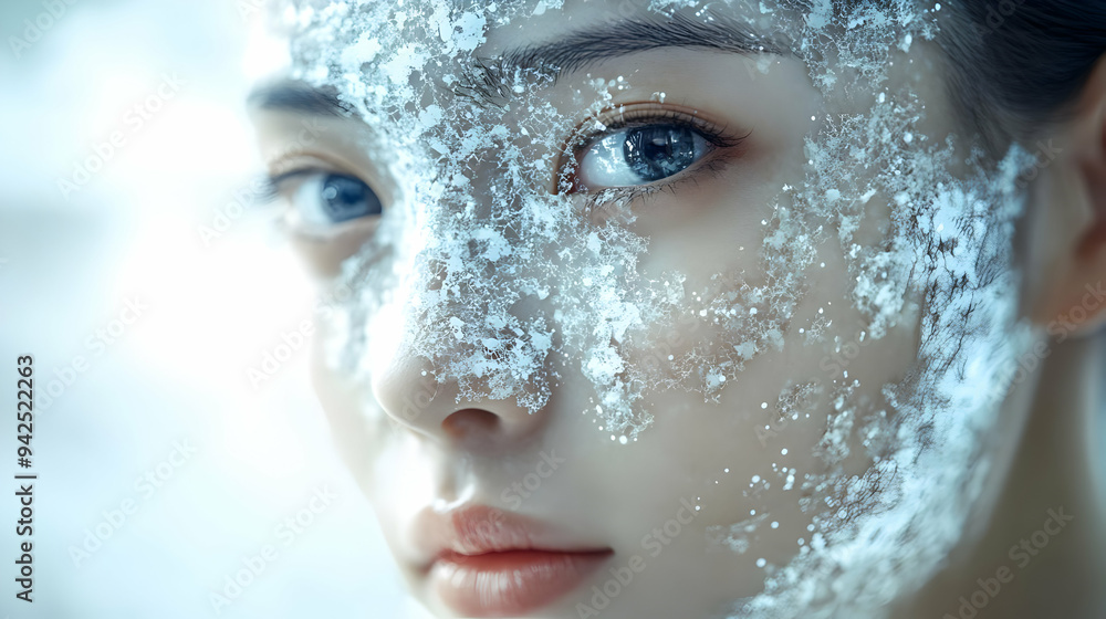 Close-up portrait of a woman with ice on her face. Close-up portrait of a woman with ice on her face.