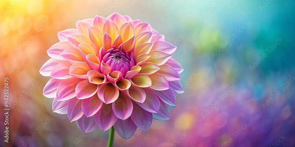 Obraz premium Vibrant gradient dahlia flower in full blossom on a soft pastel background
