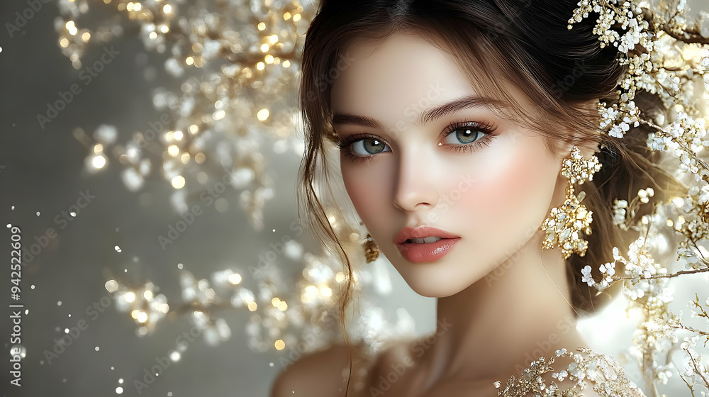 Close-up portrait of a woman with long brown hair wearing earrings and a floral crown. Close-up portrait of a woman with long brown hair wearing earrings and a floral crown.