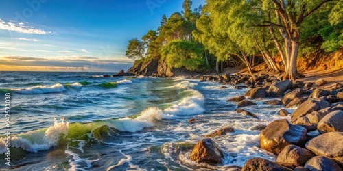 Tree lined shore with water crashing into rocks , Nature, landscape, coastline, trees, rocks, water, waves, scenic, tranquil