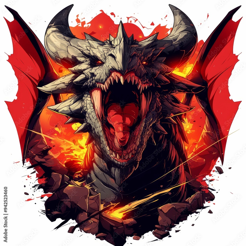 Obraz premium Fiery Dragon with Open Mouth and Red Wings