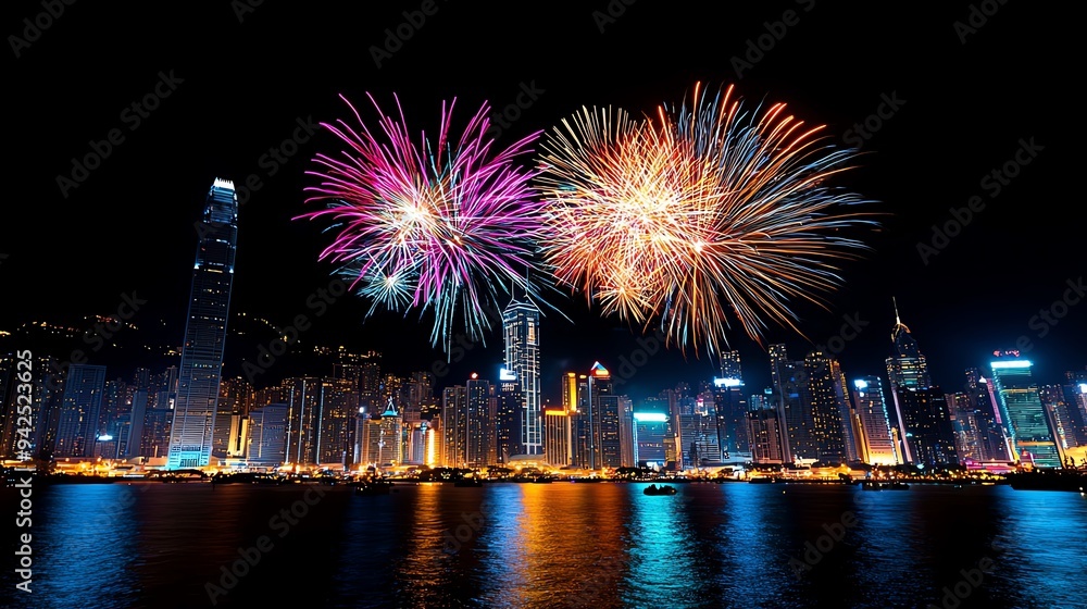 Vibrant fireworks illuminate the night sky over a city skyline, creating a festive atmosphere and a stunning visual display. Vibrant fireworks illuminate the night sky over a city skyline, creating a festive atmosphere and a stunning visual display.