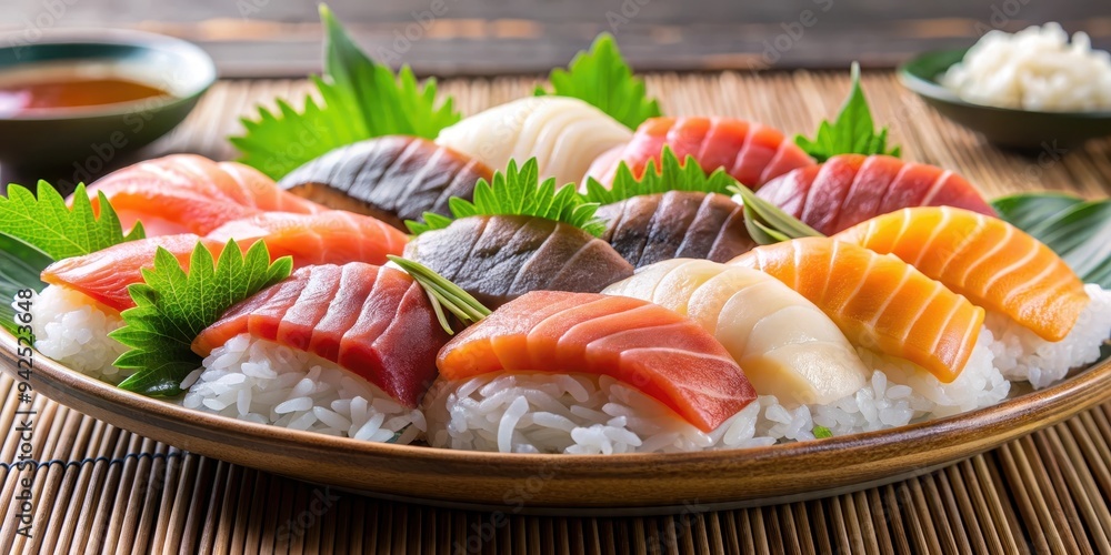 Fresh slices of raw fish over sushi rice , Japanese cuisine, seafood, raw, fish, traditional, Asian, gourmet, healthy, dish Fresh slices of raw fish over sushi rice , Japanese cuisine, seafood, raw, fish, traditional, Asian, gourmet, healthy, dish